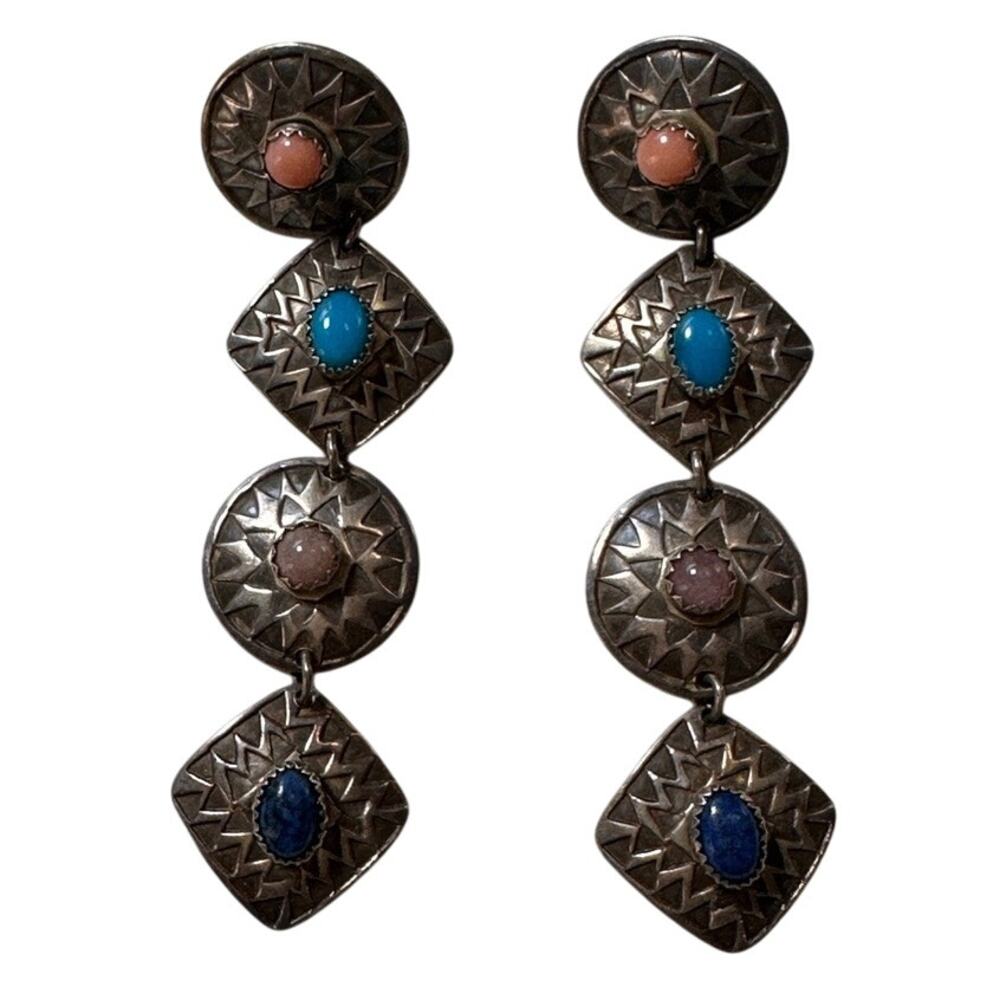 Southwestern Multicolor Stone 3 Inch Dangle Earrings Artisan Signed Geometric